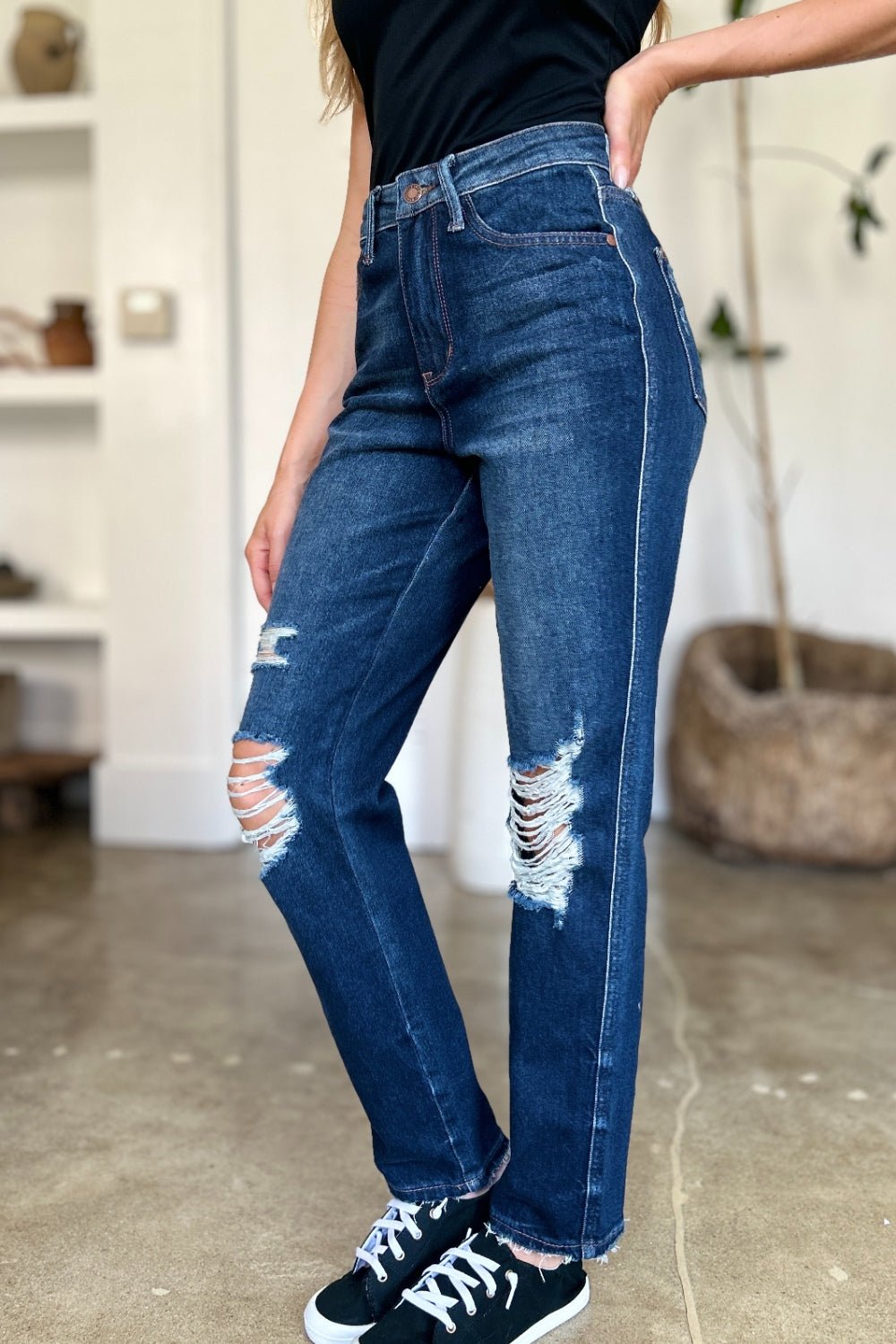 Judy Blue Full Size High Waist Rigid Magic Heavy Destroy Straight Jeans - Jeans - Dark - Bella Bourget