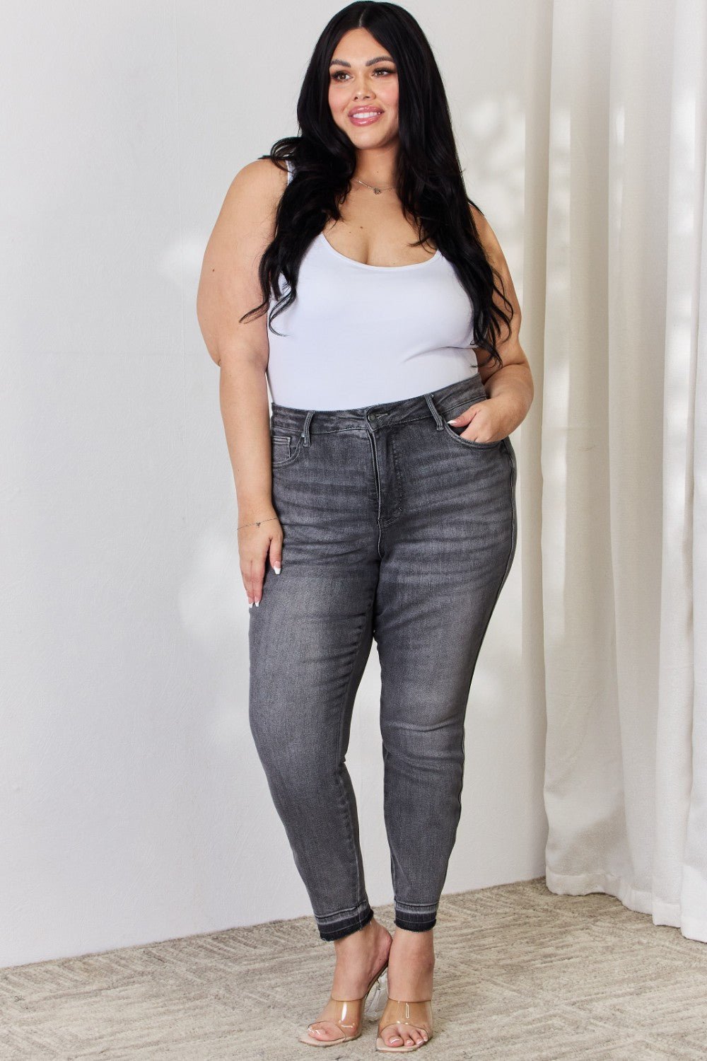 Judy Blue Full Size High Waist Tummy Control Release Hem Skinny Jeans - Jeans - GREY - Bella Bourget