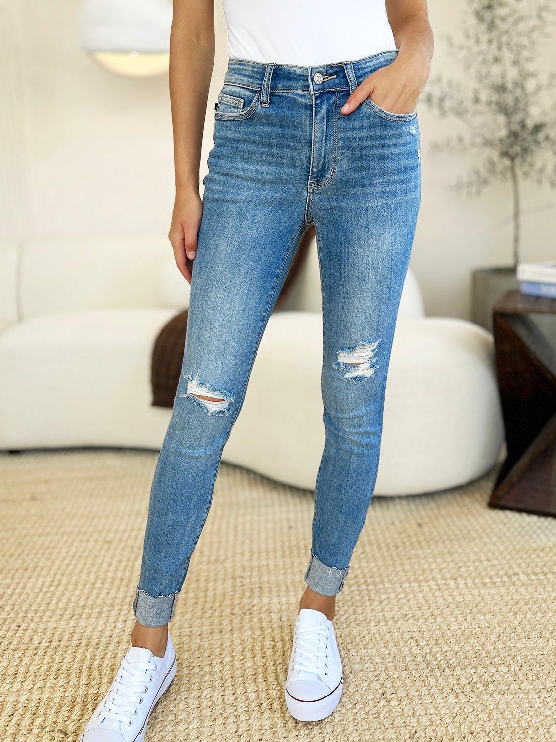 Judy Blue Full Size Mid Rise Destroy & Cuff Skinny Jeans - Jeans - Medium - Bella Bourget