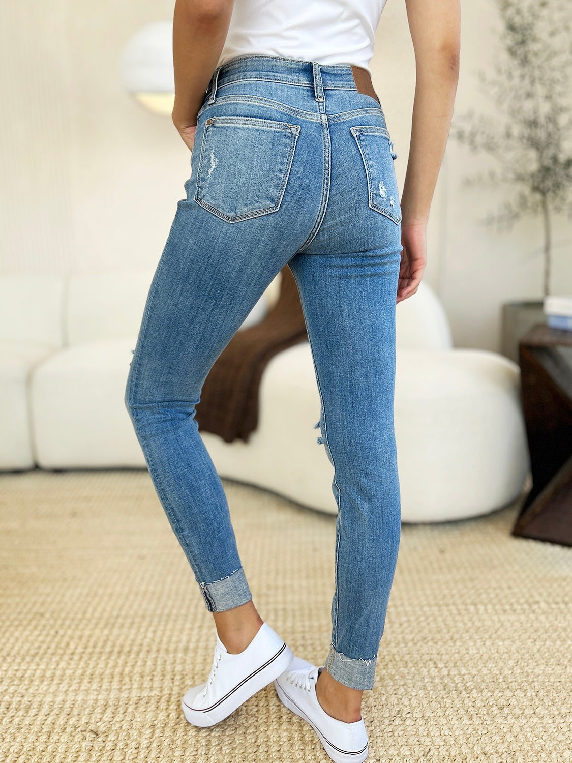 Judy Blue Full Size Mid Rise Destroy & Cuff Skinny Jeans - Jeans - Medium - Bella Bourget