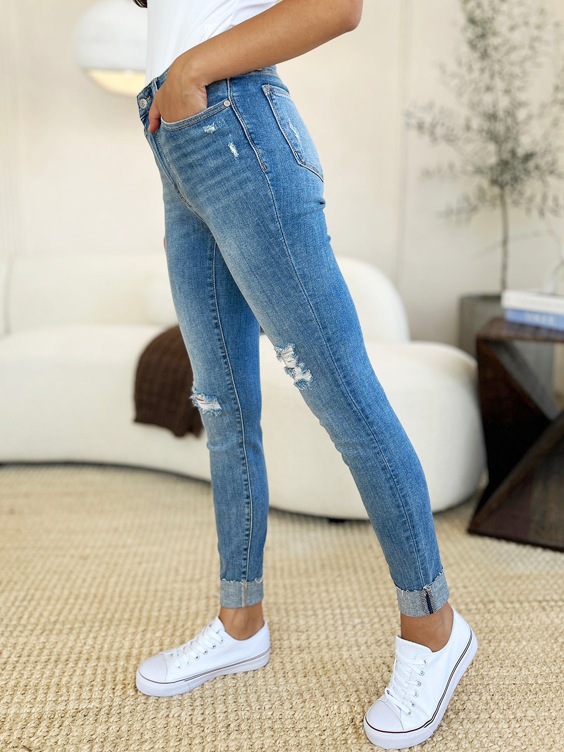 Judy Blue Full Size Mid Rise Destroy & Cuff Skinny Jeans - Jeans - Medium - Bella Bourget