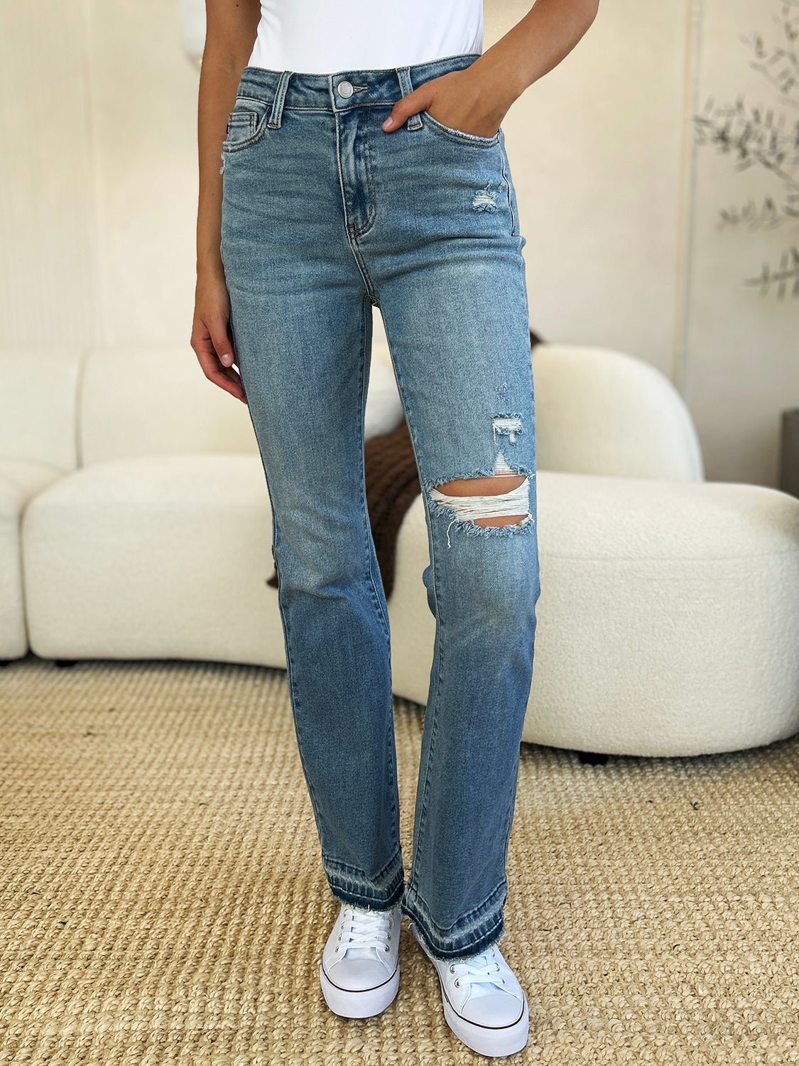 Judy Blue Full Size Mid Rise Destroyed Hem Distressed Jeans - Jeans - Medium - Bella Bourget