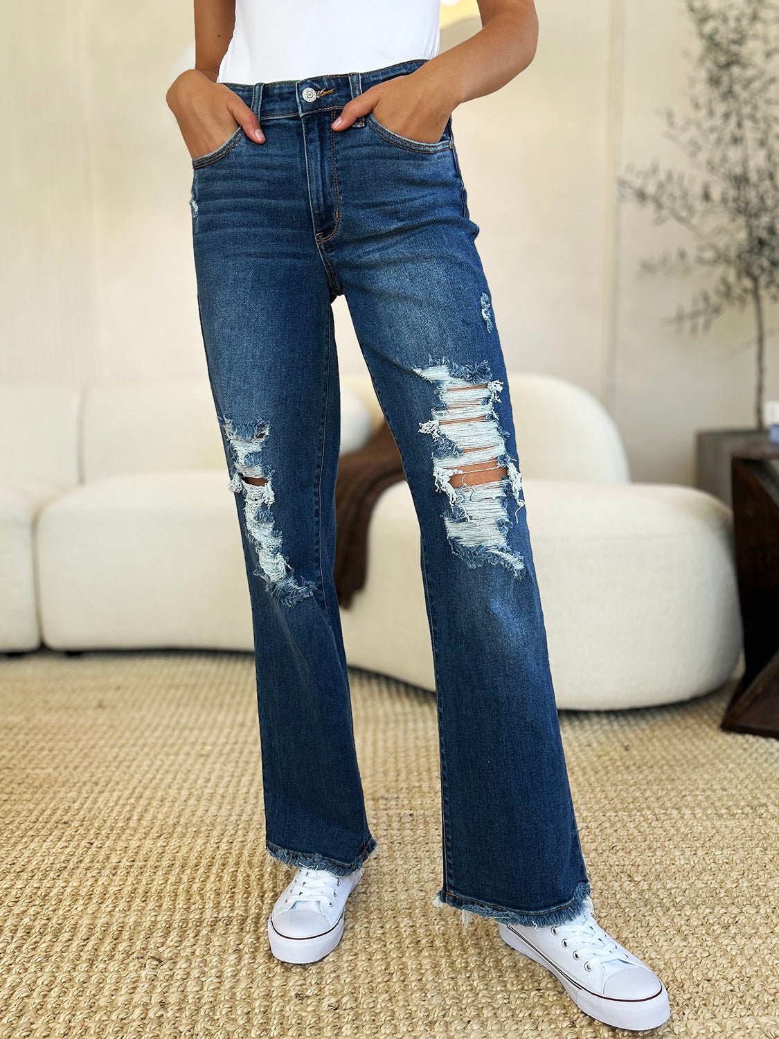 Judy Blue Full Size Mid Rise Distressed Raw Hem Jeans - Jeans - Medium - Bella Bourget