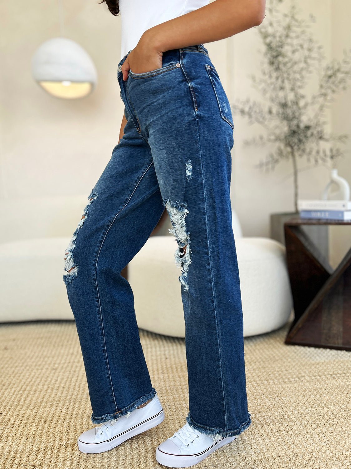 Judy Blue Full Size Mid Rise Distressed Raw Hem Jeans - Jeans - Medium - Bella Bourget