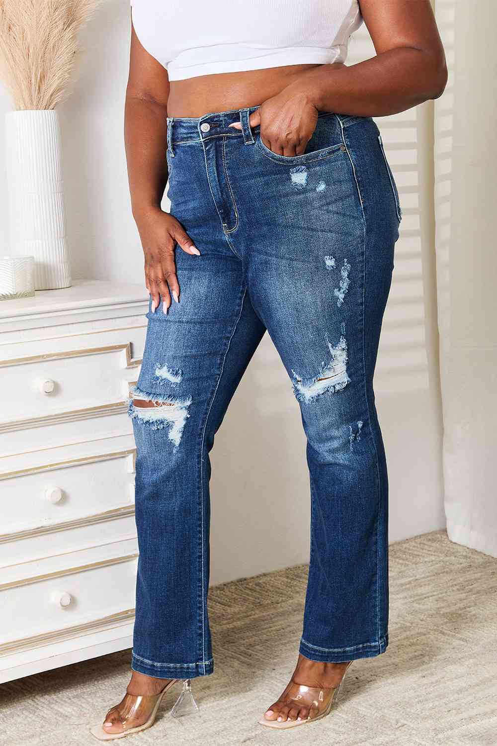 Judy Blue Full Size Mid Rise Hand Sand & Destroy Bootcut Jeans - TikTok - Dark - Bella Bourget