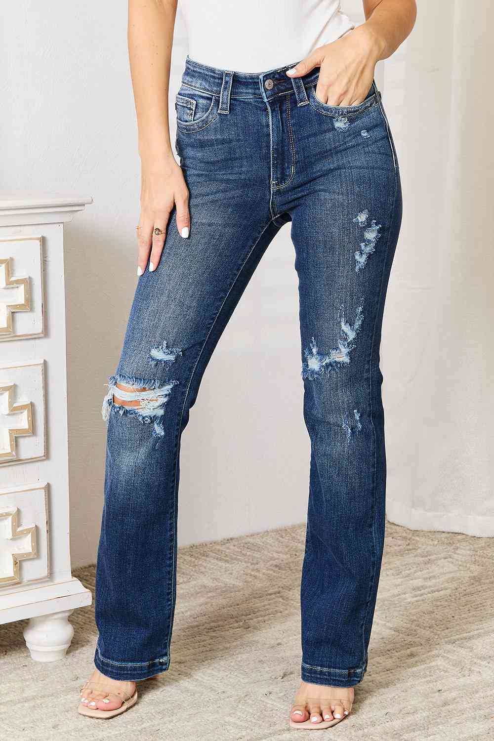 Judy Blue Full Size Mid Rise Hand Sand & Destroy Bootcut Jeans - TikTok - Dark - Bella Bourget