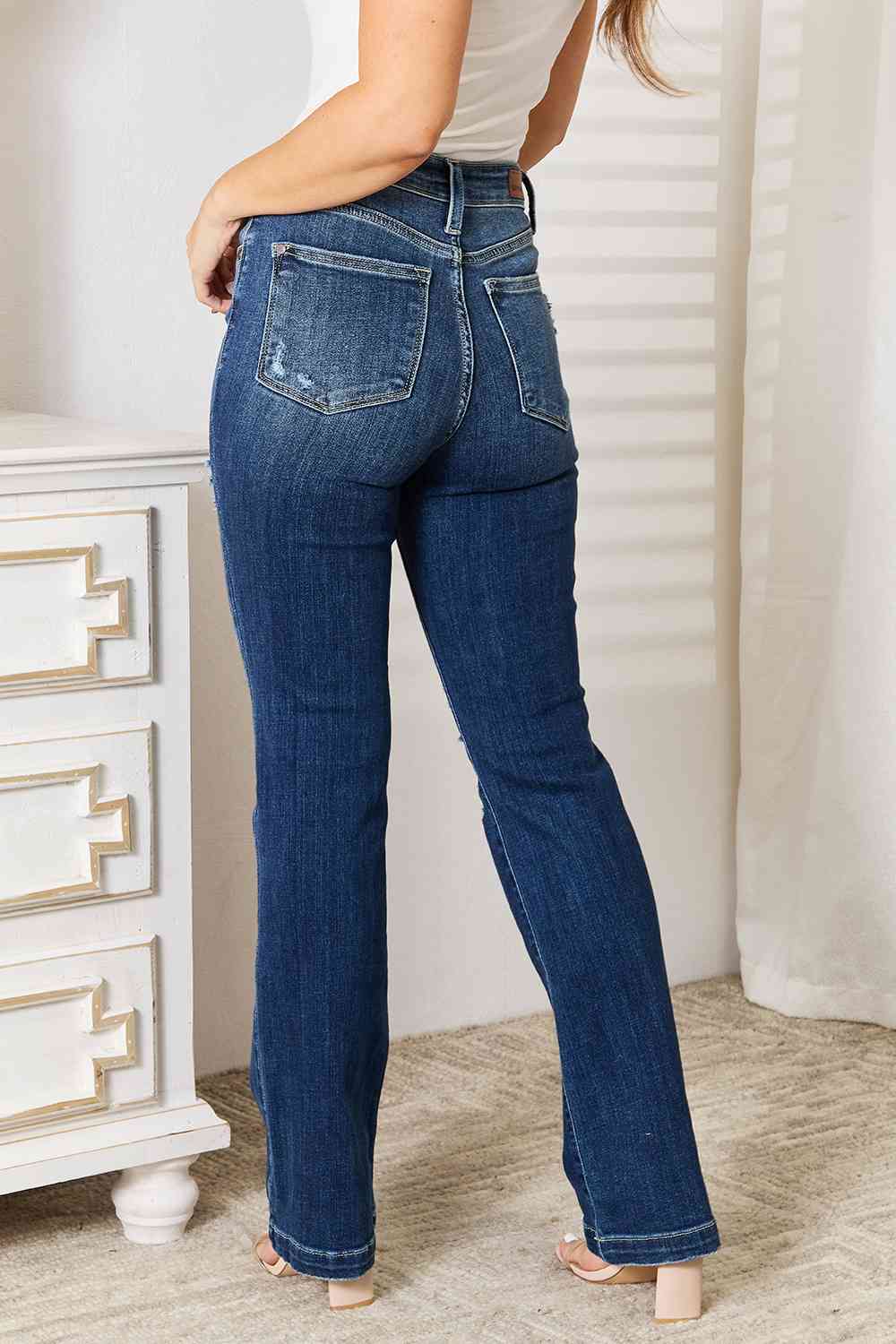 Judy Blue Full Size Mid Rise Hand Sand & Destroy Bootcut Jeans - TikTok - Dark - Bella Bourget