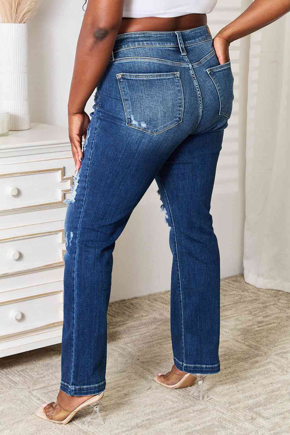 Judy Blue Full Size Mid Rise Hand Sand & Destroy Bootcut Jeans - TikTok - Dark - Bella Bourget