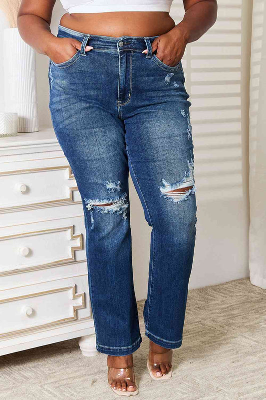 Judy Blue Full Size Mid Rise Hand Sand & Destroy Bootcut Jeans - TikTok - Dark - Bella Bourget