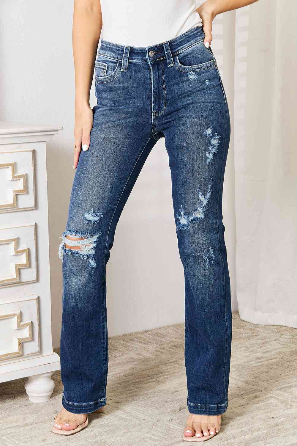 Judy Blue Full Size Mid Rise Hand Sand & Destroy Bootcut Jeans - TikTok - Dark - Bella Bourget