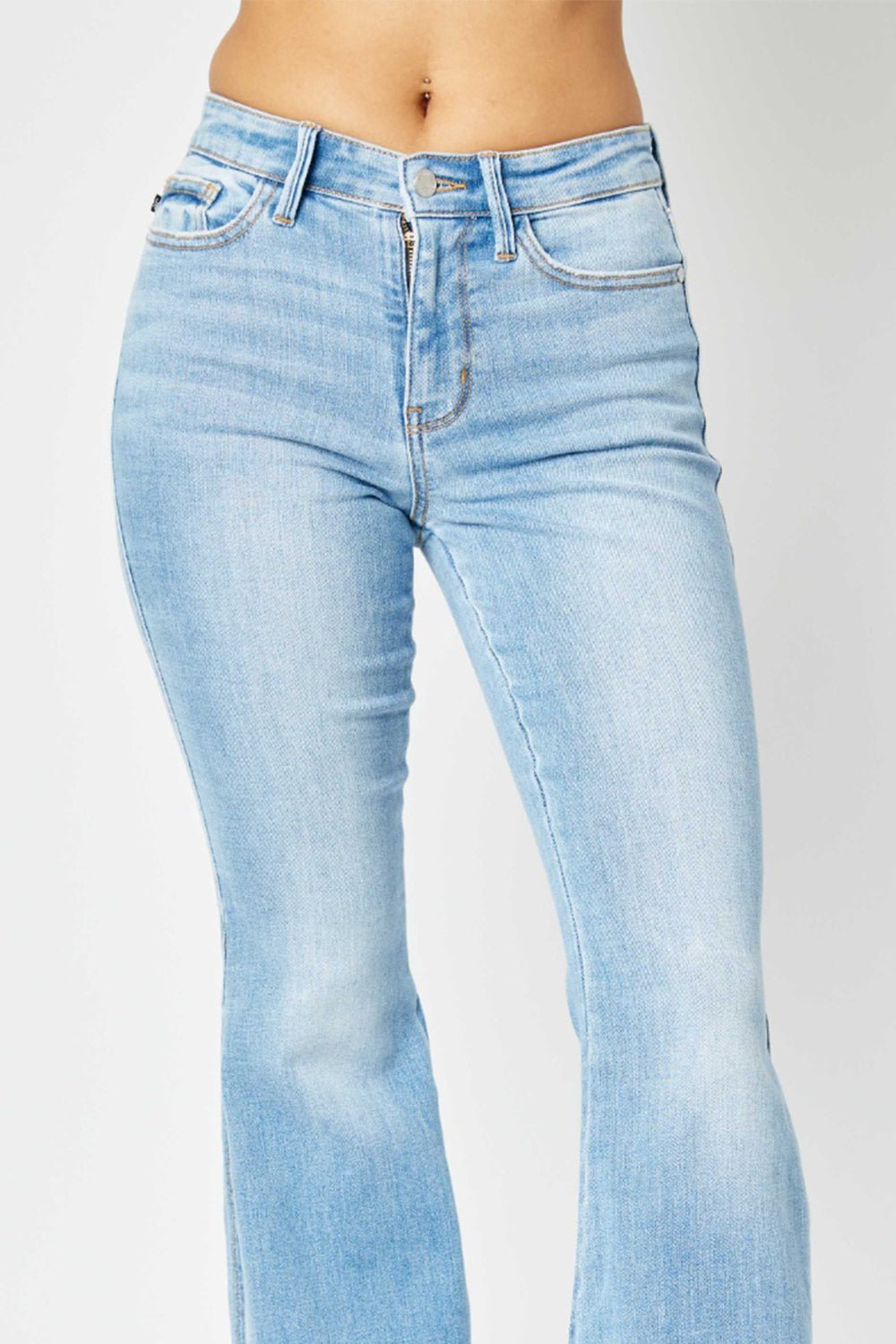 Judy Blue Full Size Mid Rise Raw Hem Slit Flare Jeans - Jeans - Medium - Bella Bourget