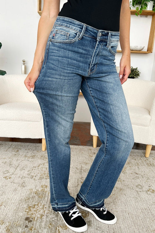 Judy Blue Full Size Mid Rise Release Hem Jeans - Jeans - Dark - Bella Bourget