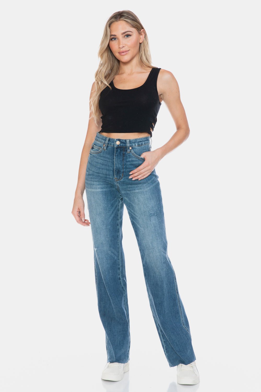 Judy Blue Full Size Tummy Control Cut Raw Hem Straight Jeans - Jeans - Medium - Bella Bourget