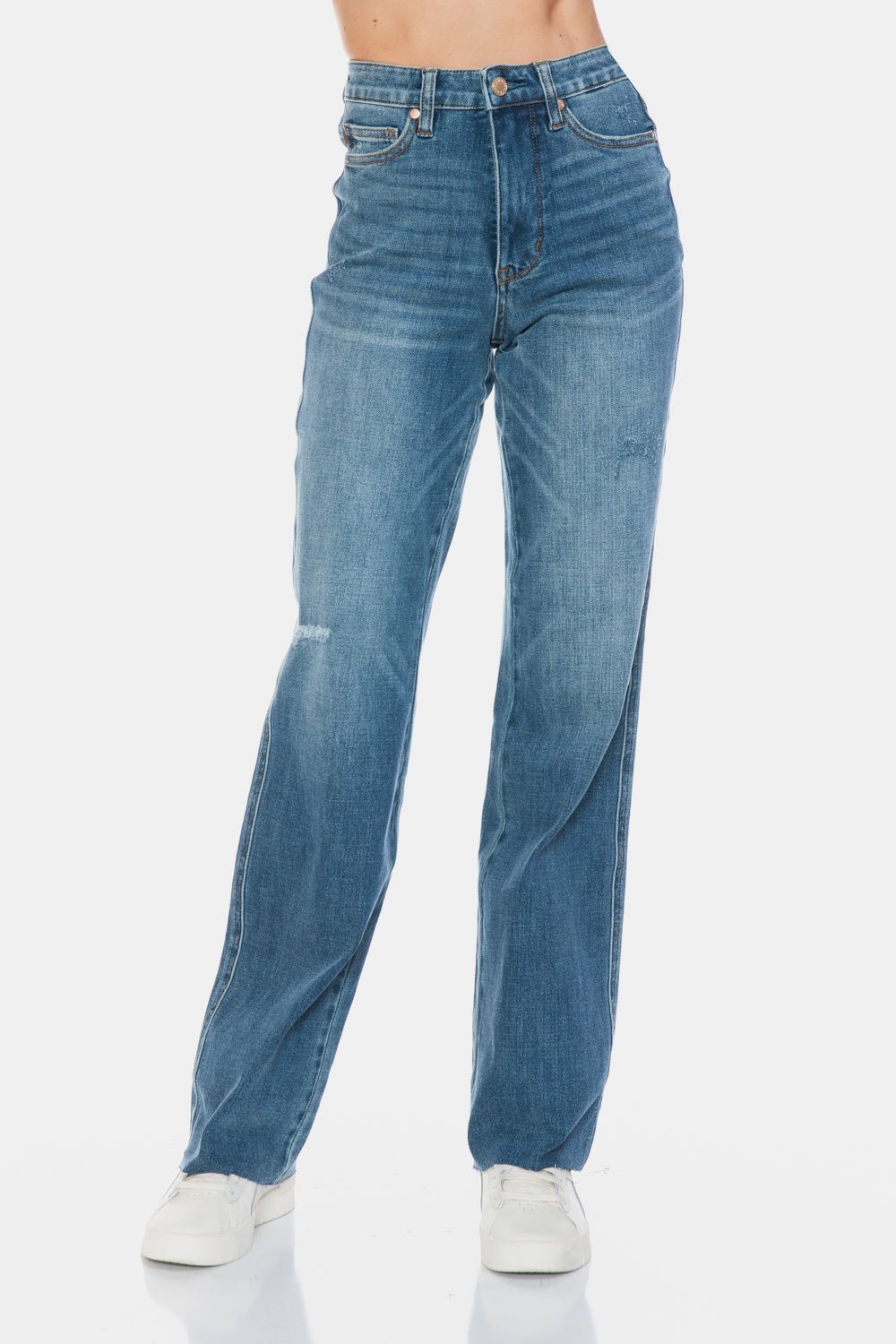 Judy Blue Full Size Tummy Control Cut Raw Hem Straight Jeans - Jeans - Medium - Bella Bourget