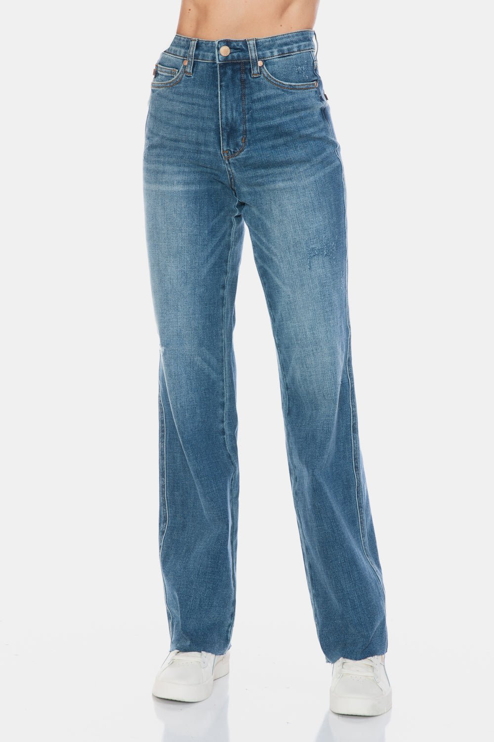 Judy Blue Full Size Tummy Control Cut Raw Hem Straight Jeans - Jeans - Medium - Bella Bourget