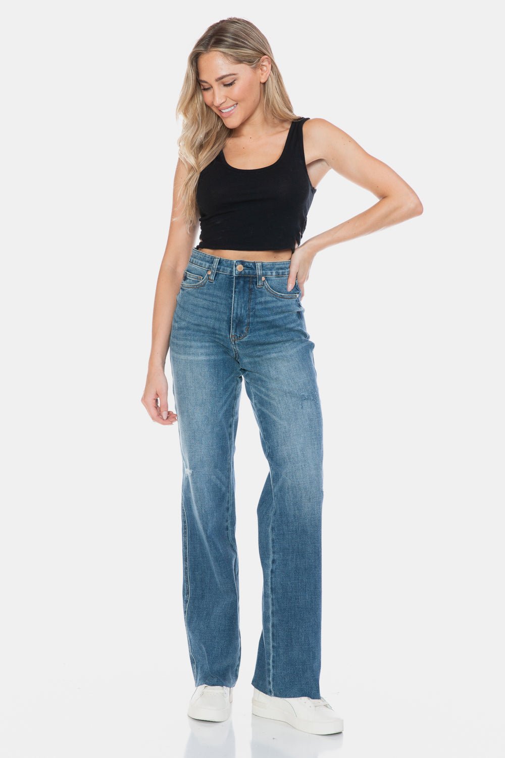 Judy Blue Full Size Tummy Control Cut Raw Hem Straight Jeans - Jeans - Medium - Bella Bourget