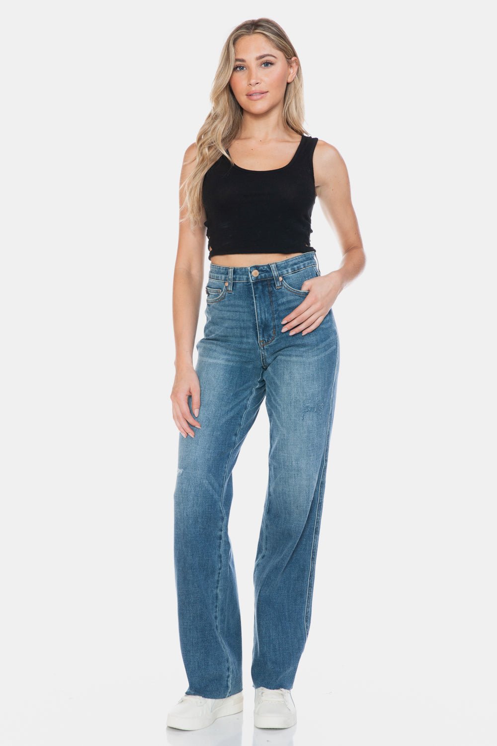 Judy Blue Full Size Tummy Control Cut Raw Hem Straight Jeans - Jeans - Medium - Bella Bourget