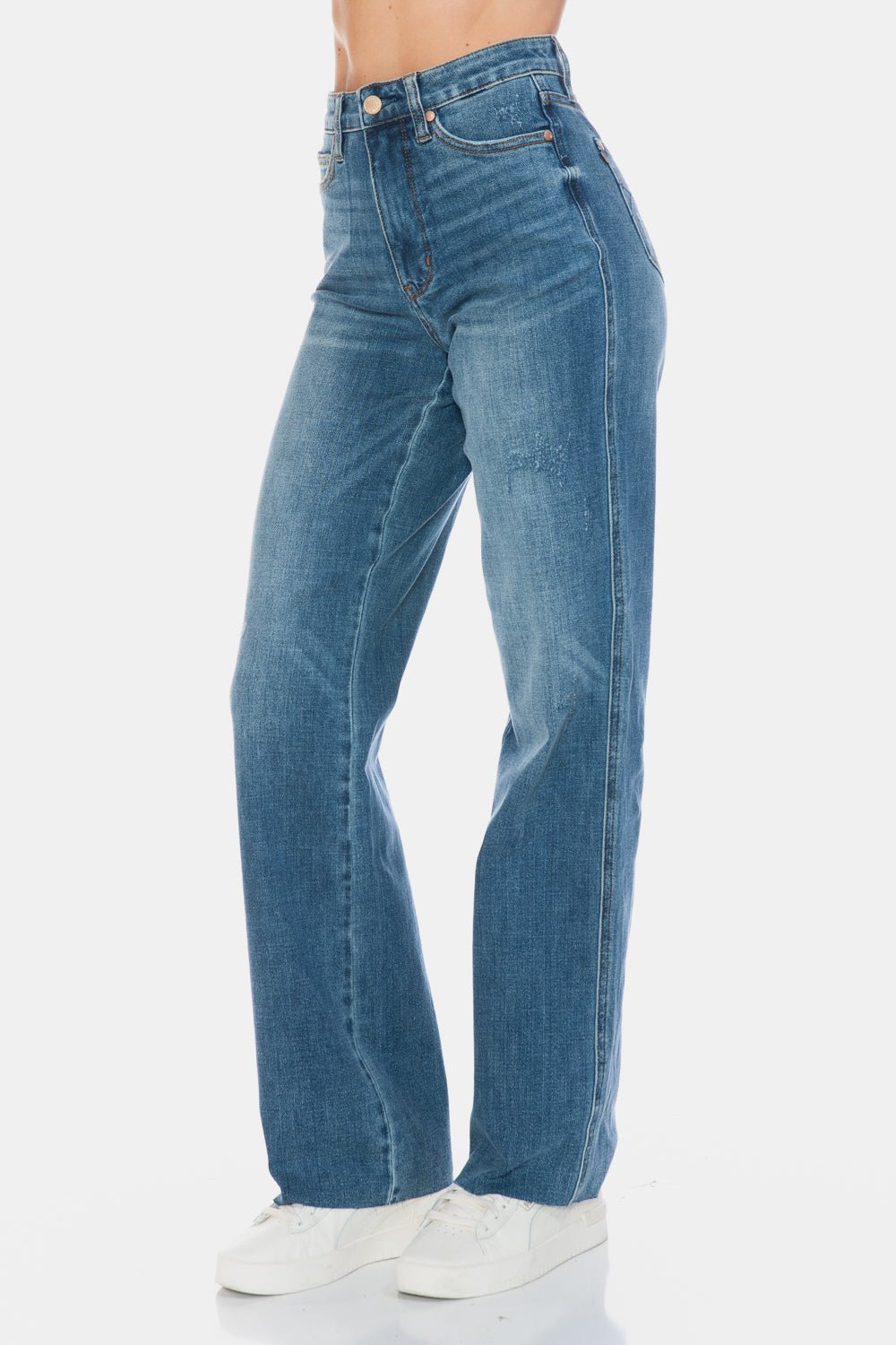 Judy Blue Full Size Tummy Control Cut Raw Hem Straight Jeans - Jeans - Medium - Bella Bourget