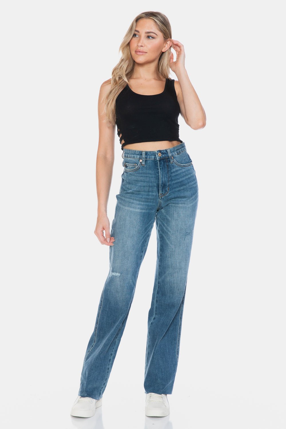 Judy Blue Full Size Tummy Control Cut Raw Hem Straight Jeans - Jeans - Medium - Bella Bourget