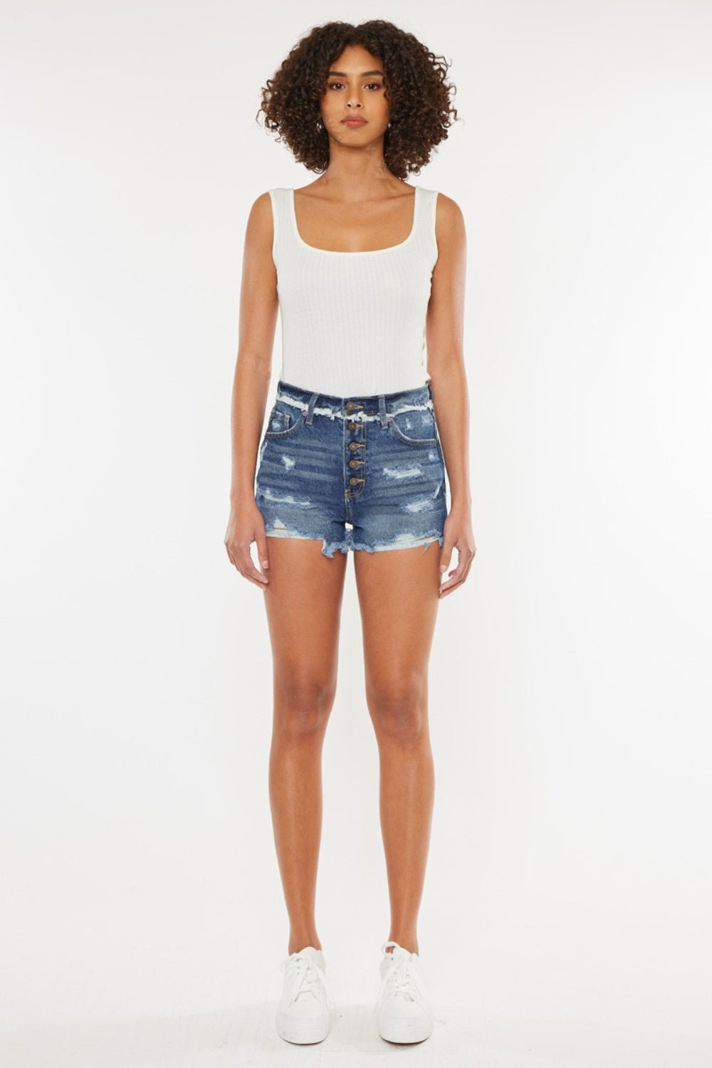 Kancan Distressed Button Fly Denim Shorts - Shorts - Dark - Bella Bourget