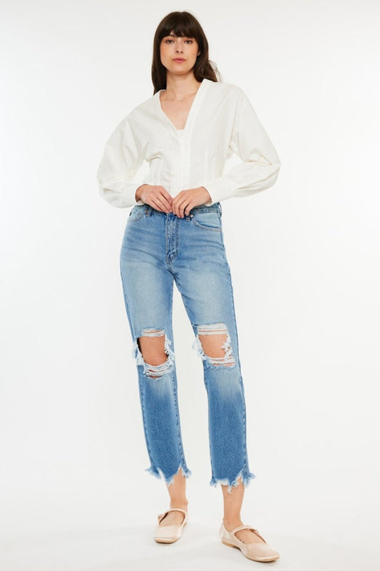 Kancan Distressed Frayed Hem Cropped Jeans - Jeans - Medium - Bella Bourget