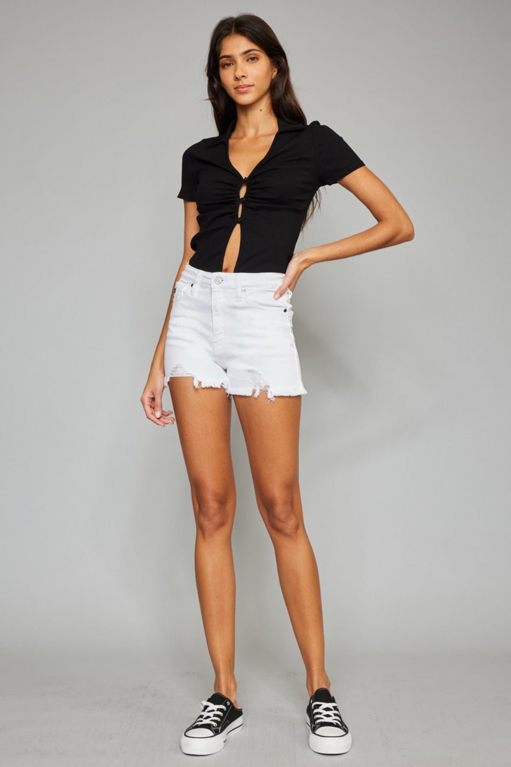 Kancan Full Size High Rise Frayed Hem Denim Shorts - Shorts - White - Bella Bourget