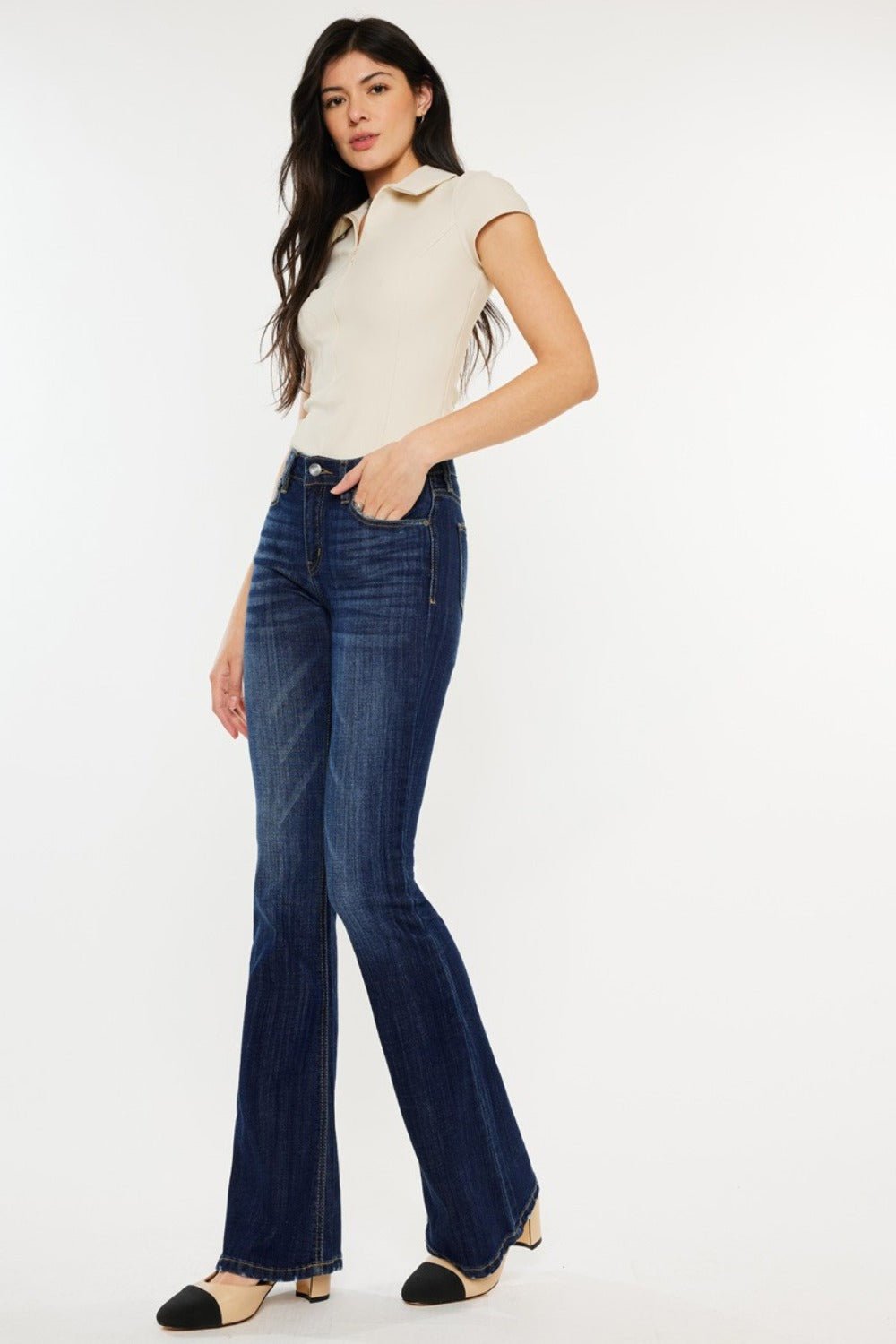 Kancan Full Size Mid Rise Slim Flare Jeans - Jeans - Dark - Bella Bourget