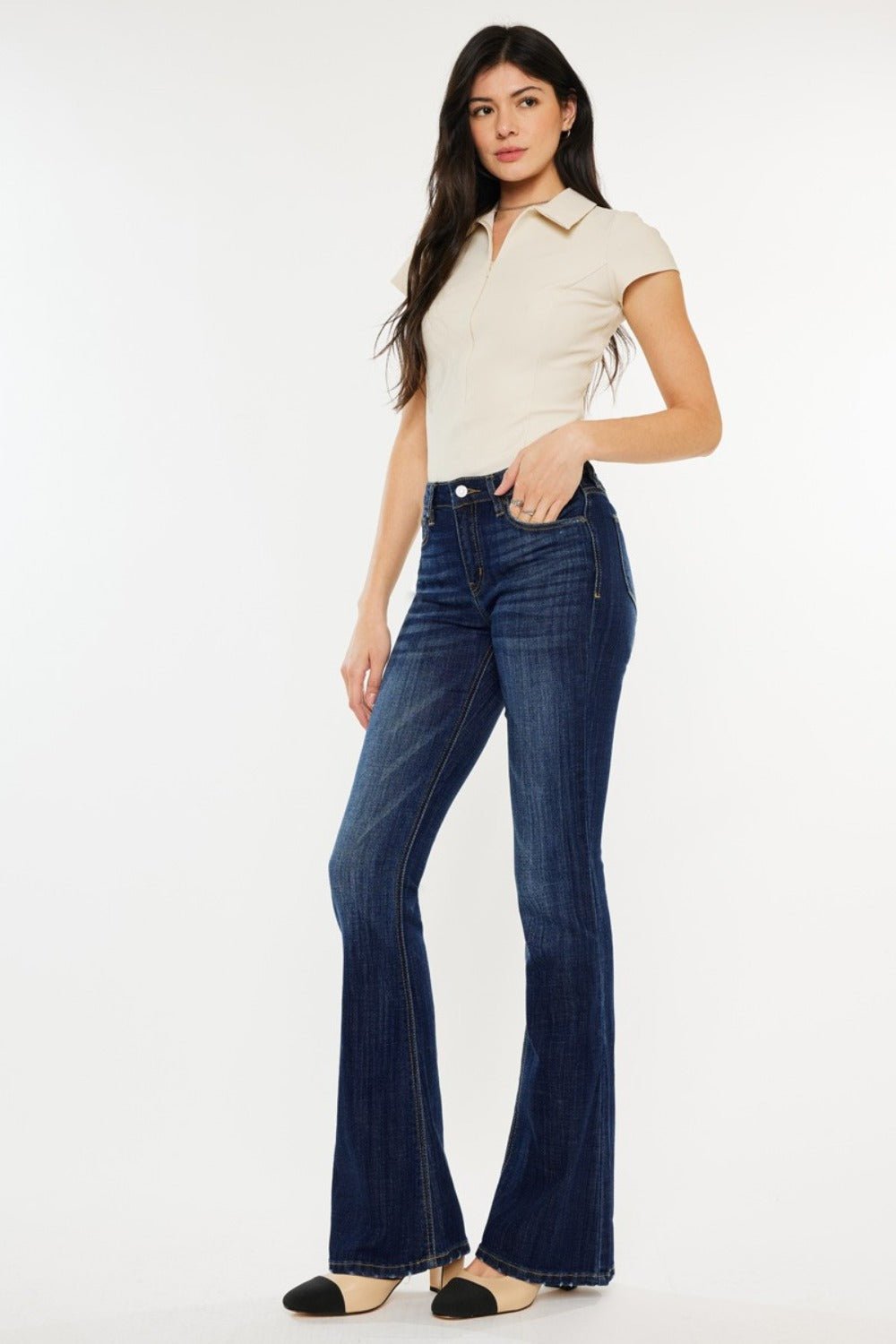 Kancan Full Size Mid Rise Slim Flare Jeans - Jeans - Dark - Bella Bourget