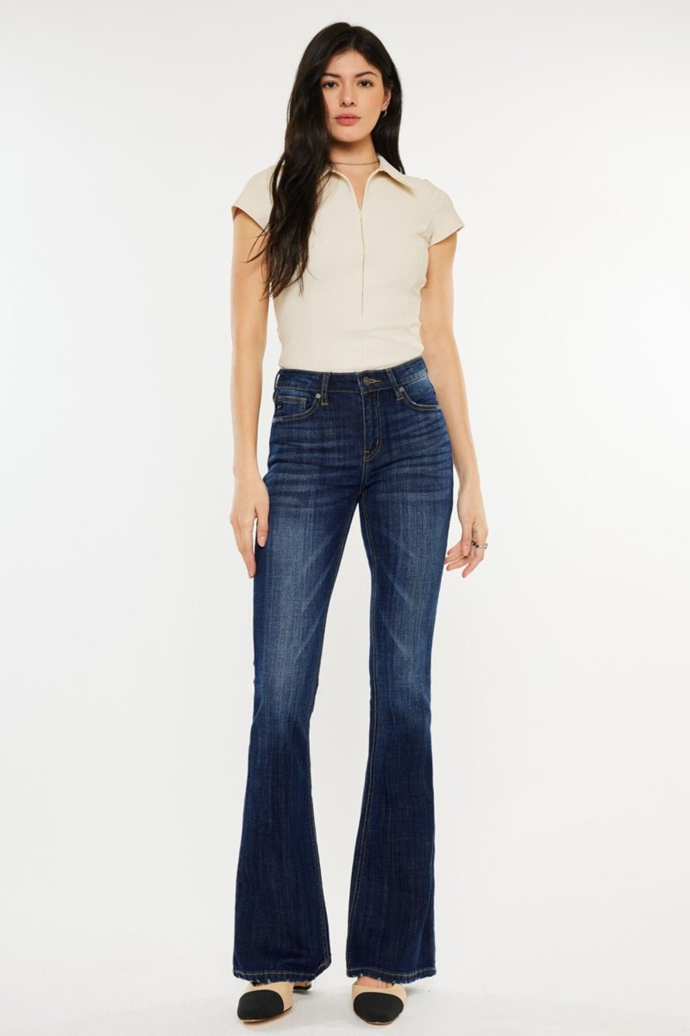 Kancan Full Size Mid Rise Slim Flare Jeans - Jeans - Dark - Bella Bourget