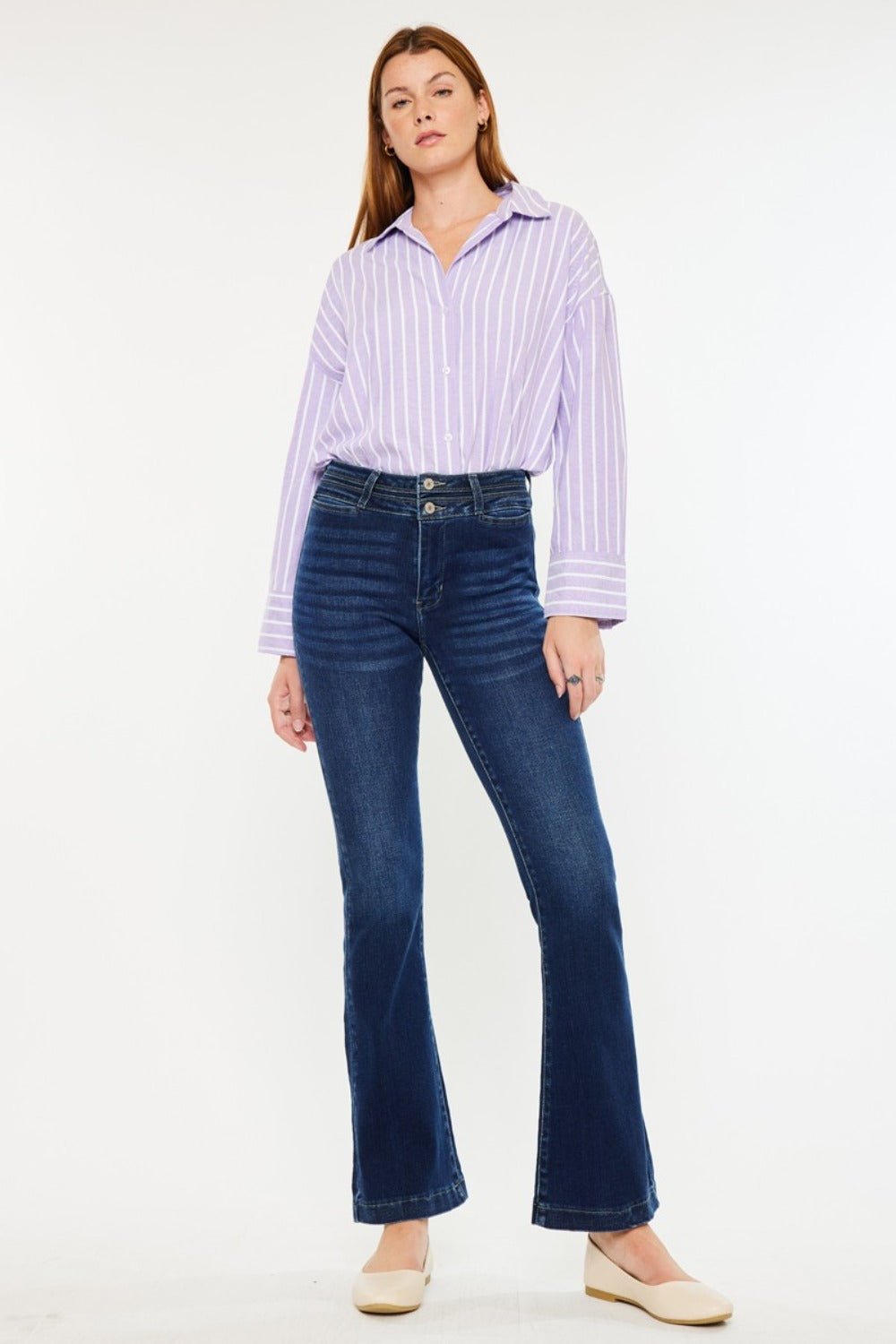 Kancan High Rise Double Waistband Flare Jeans - Jeans - Dark - Bella Bourget