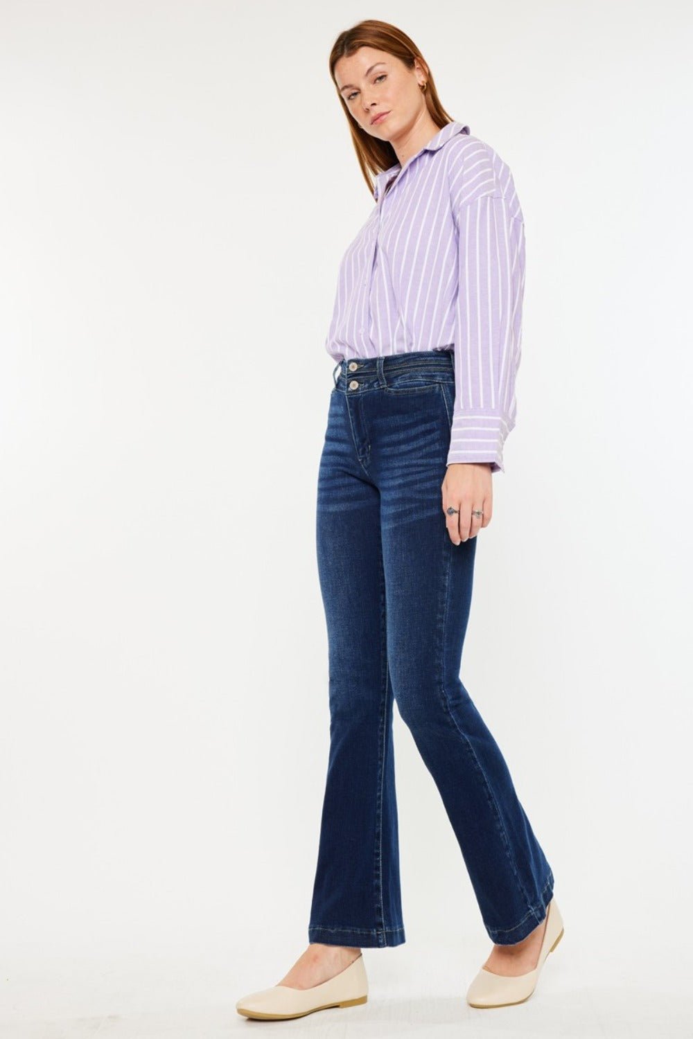 Kancan High Rise Double Waistband Flare Jeans - Jeans - Dark - Bella Bourget