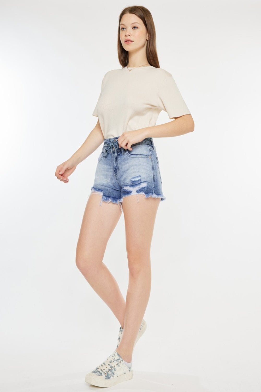 Kancan High Rise Frayed Hem Denim Shorts - Shorts - Acid - Bella Bourget