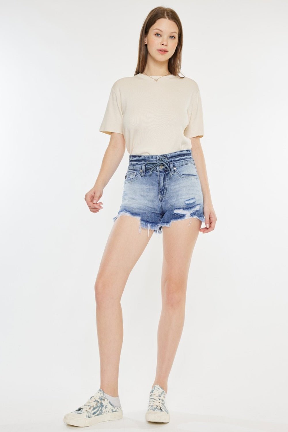 Kancan High Rise Frayed Hem Denim Shorts - Shorts - Acid - Bella Bourget