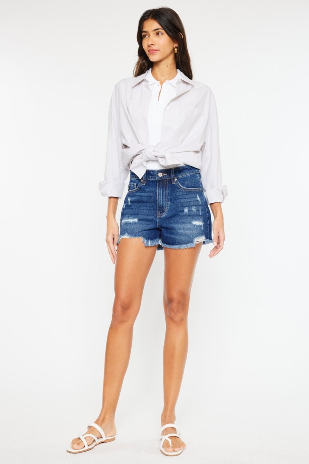 Kancan High Rise Frayed Hem Denim Shorts - Shorts - Dark - Bella Bourget