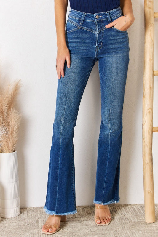 Kancan High Rise Raw Hem Flare Jeans - Jeans - Medium - Bella Bourget