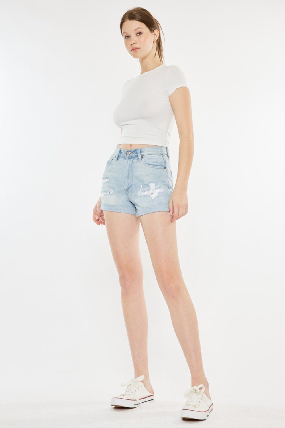 Kancan High Rise Repaired Mom Denim Shorts - Shorts - Light - Bella Bourget