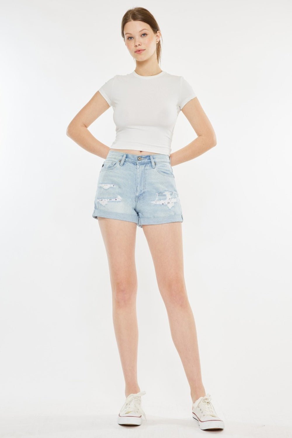 Kancan High Rise Repaired Mom Denim Shorts - Shorts - Light - Bella Bourget