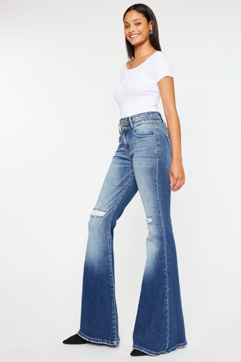 Kancan High Rise Wide Waistband Flare Jeans - Jeans - Dark - Bella Bourget