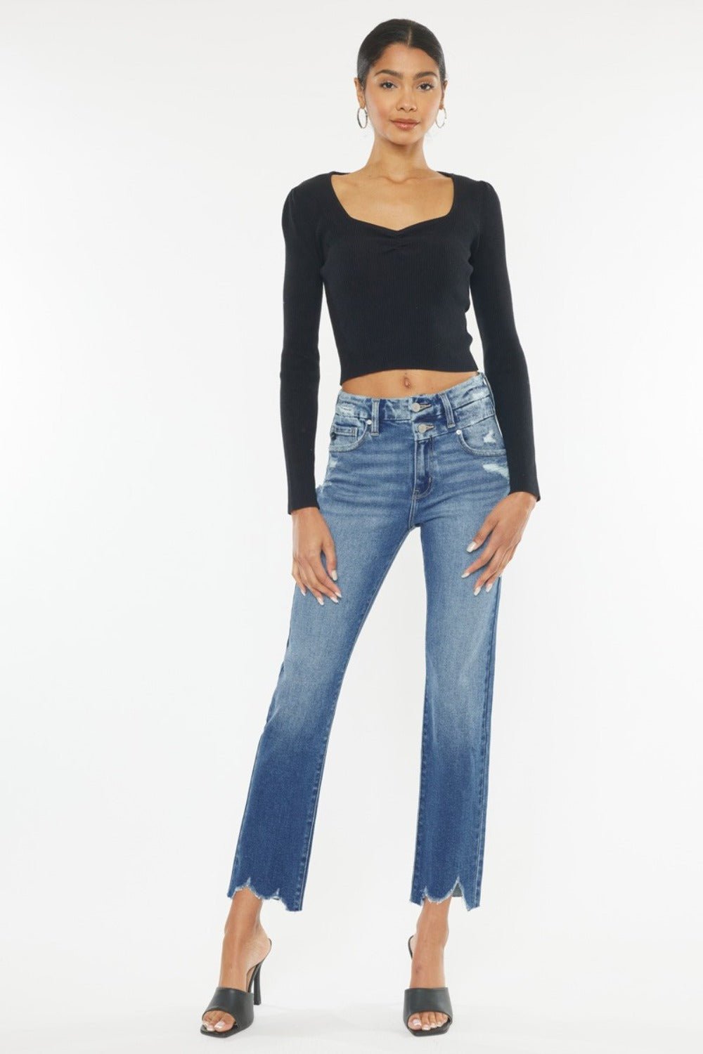 Kancan High Rise Wide Waistband Slim Straight Jeans - Jeans - Medium - Bella Bourget