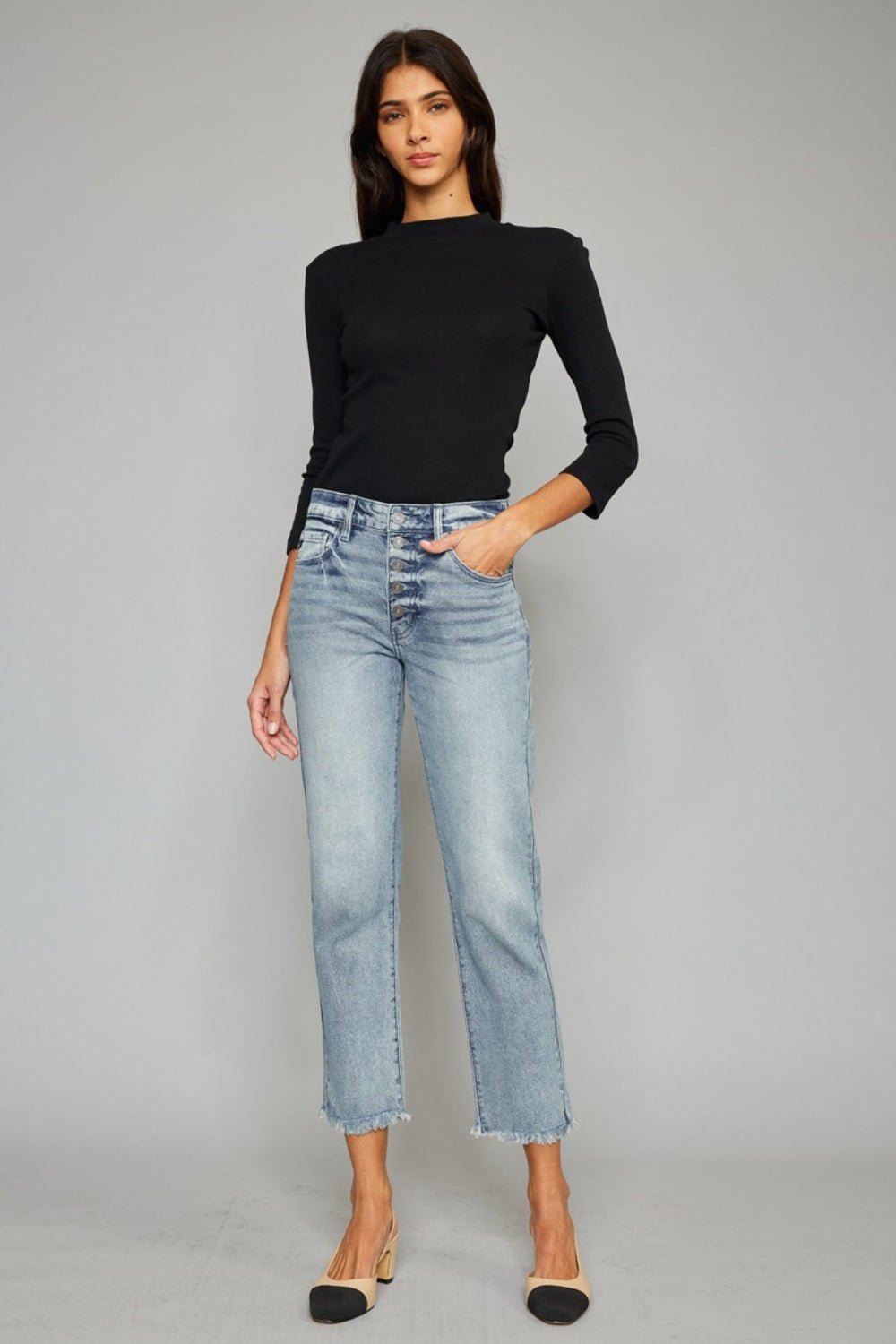 Kancan High Waist Button Fly Raw Hem Cropped Straight Jeans - Jeans - Light - Bella Bourget