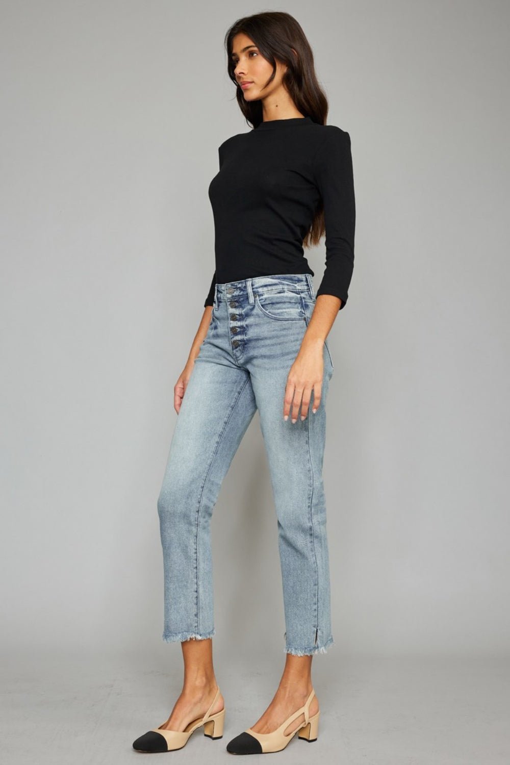 Kancan High Waist Button Fly Raw Hem Cropped Straight Jeans - Jeans - Light - Bella Bourget