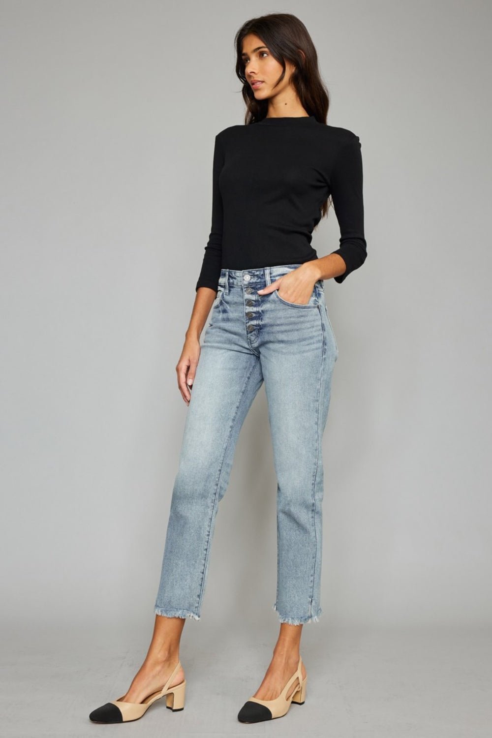 Kancan High Waist Button Fly Raw Hem Cropped Straight Jeans - Jeans - Light - Bella Bourget