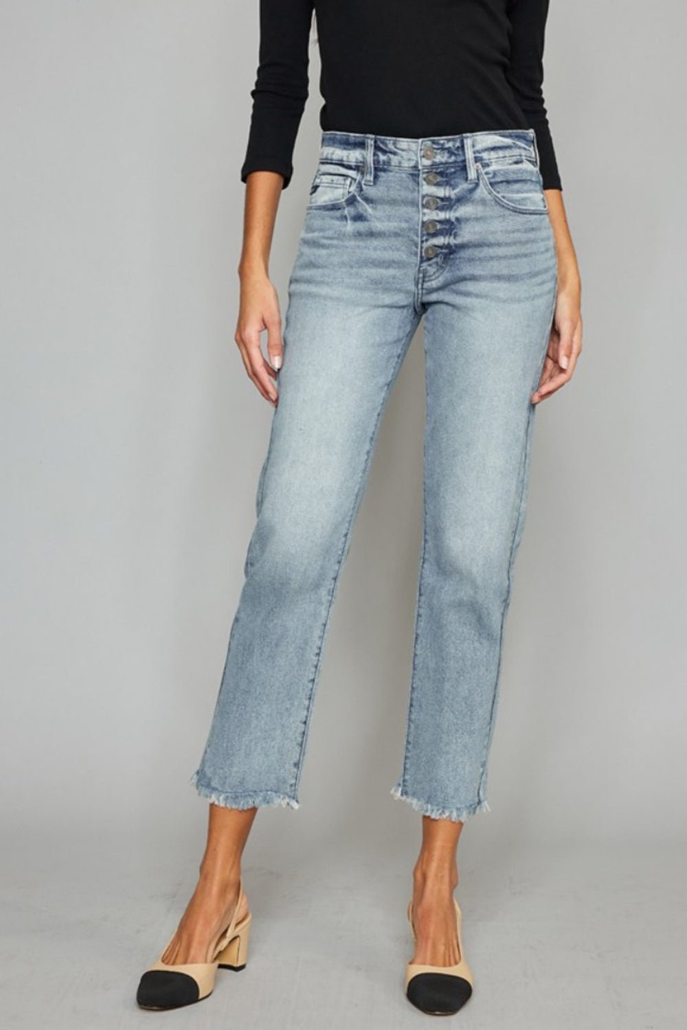 Kancan High Waist Button Fly Raw Hem Cropped Straight Jeans - Jeans - Light - Bella Bourget