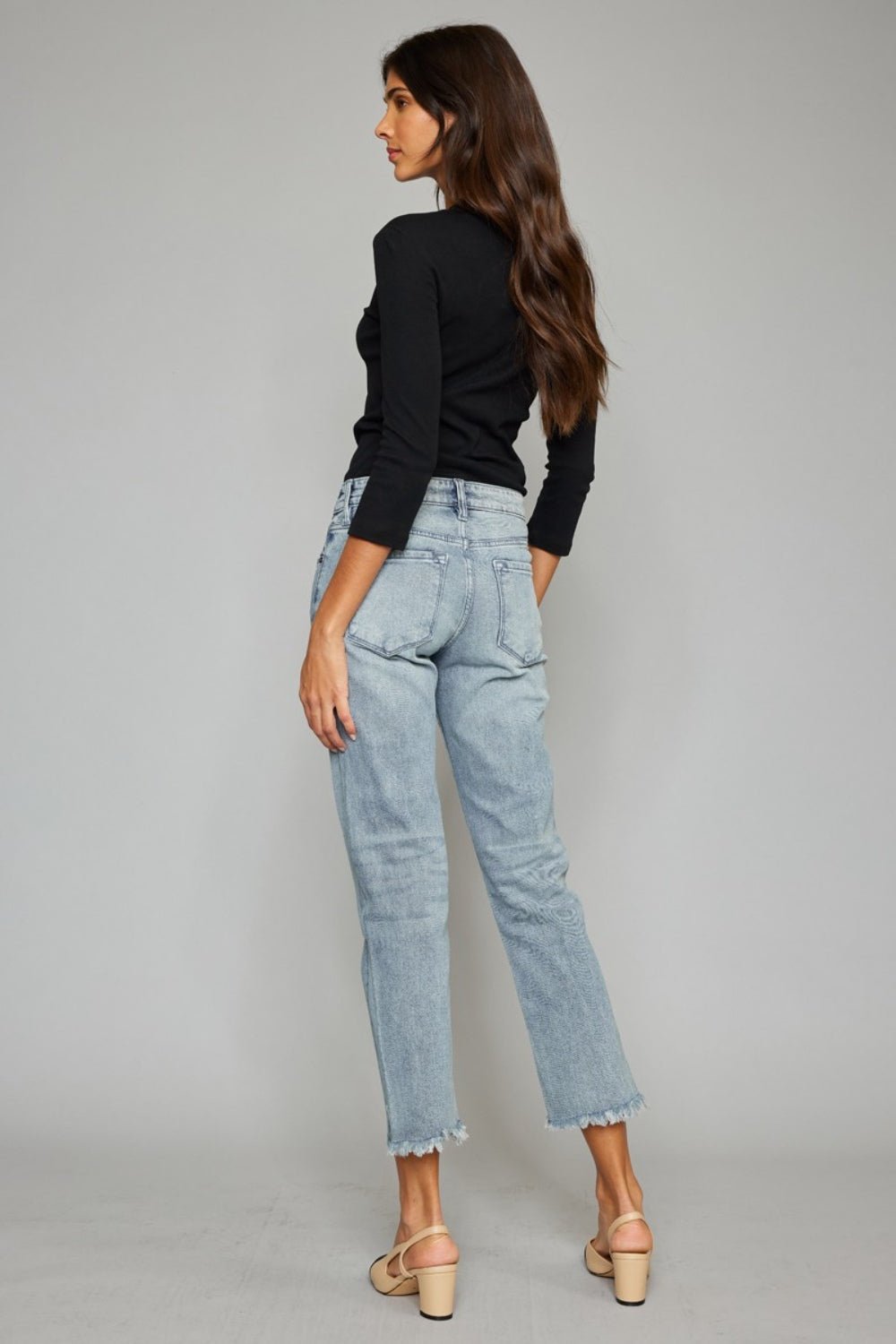 Kancan High Waist Button Fly Raw Hem Cropped Straight Jeans - Jeans - Light - Bella Bourget