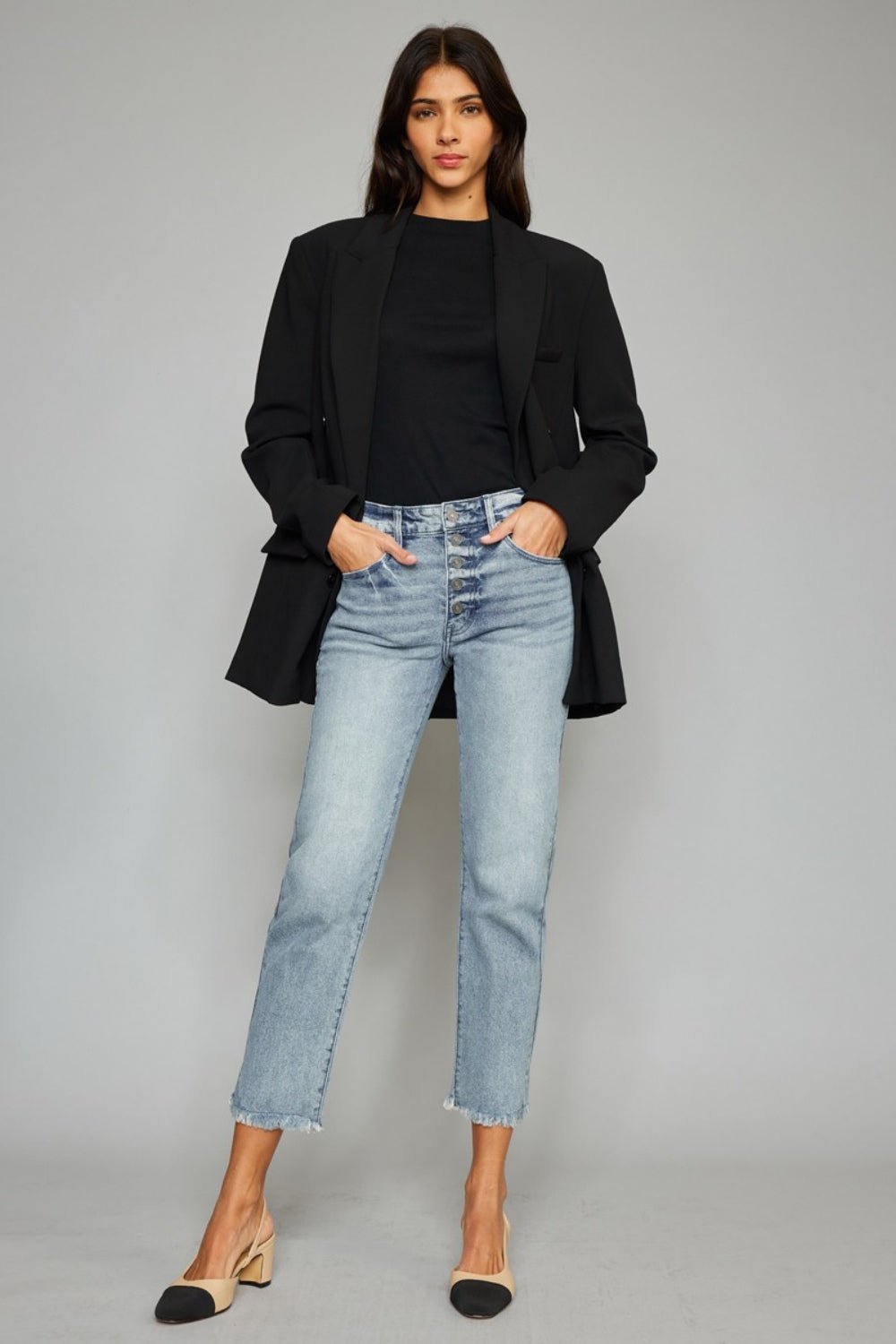 Kancan High Waist Button Fly Raw Hem Cropped Straight Jeans - Jeans - Light - Bella Bourget