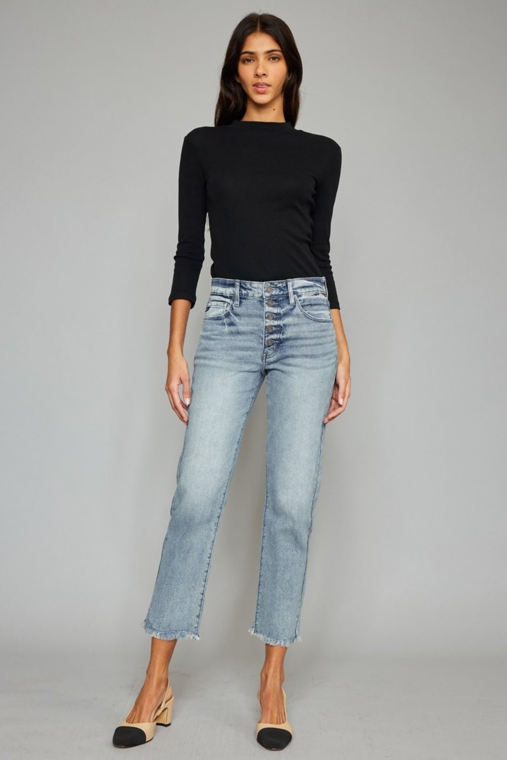 Kancan High Waist Button Fly Raw Hem Cropped Straight Jeans - Jeans - Light - Bella Bourget