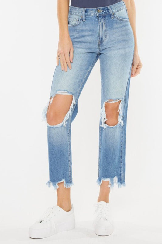 Kancan High Waist Chewed Up Straight Mom Jeans - jeans - Medium - Bella Bourget
