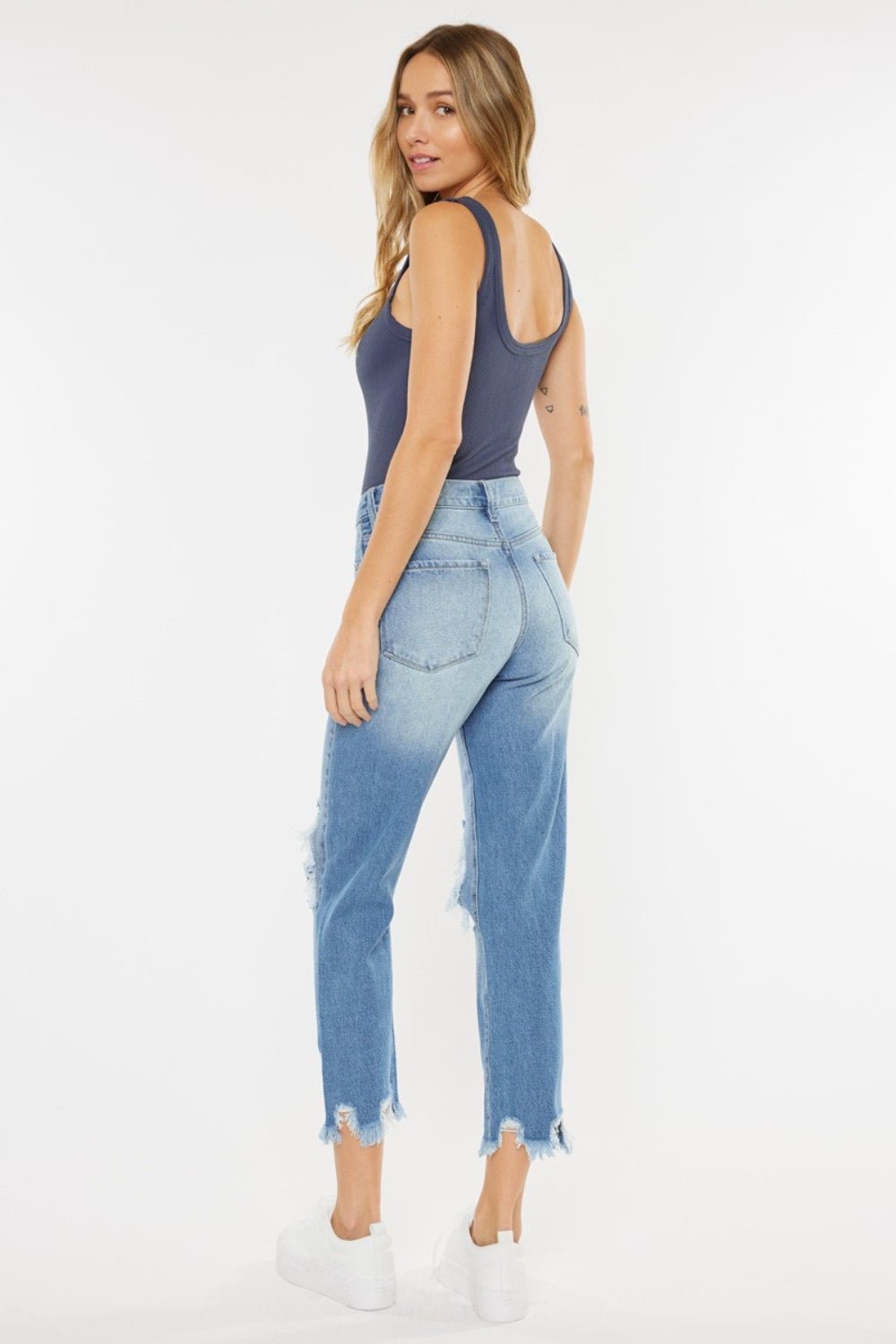 Kancan High Waist Chewed Up Straight Mom Jeans - jeans - Medium - Bella Bourget