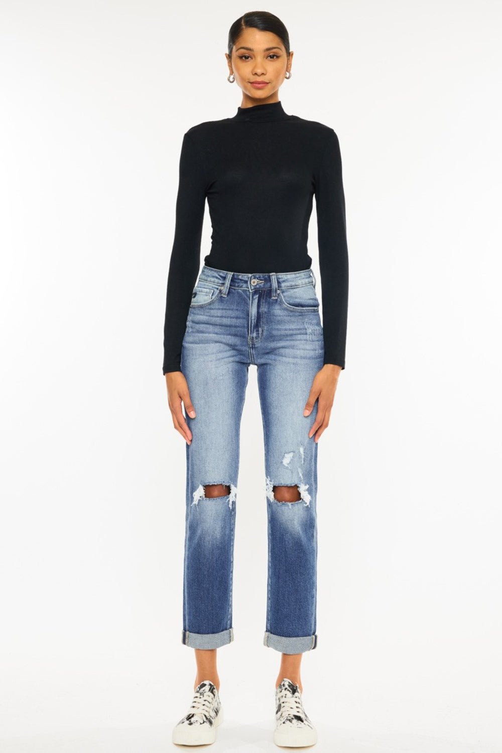 Kancan High Waist Distressed Hem Detail Cropped Straight Jeans - jeans - Medium - Bella Bourget