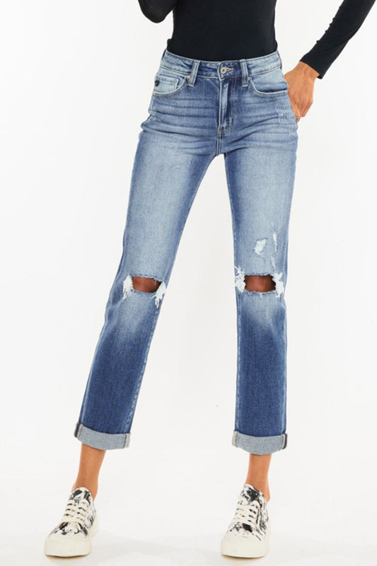 Kancan High Waist Distressed Hem Detail Cropped Straight Jeans - jeans - Medium - Bella Bourget